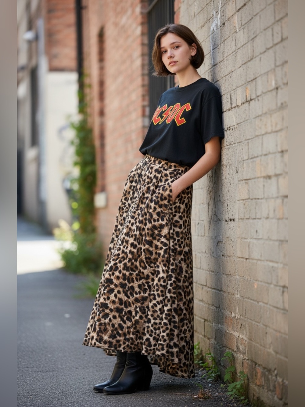 AC/DC Black Tee with Leopard-Print Mini Dress